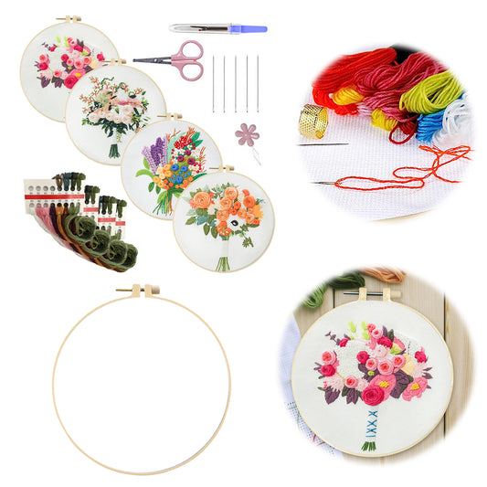 4PCS Rose Bouquet - DIY Embroidery Cross Stitch Kit with Pattern Cotton Threads Needles Hoop 30x30CM/11.81x11.81in