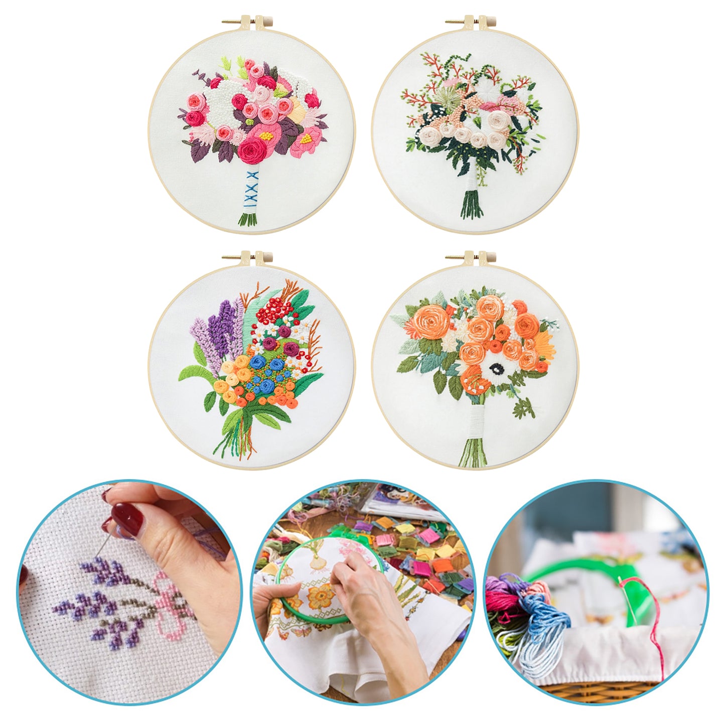 4PCS Rose Bouquet - DIY Embroidery Cross Stitch Kit with Pattern Cotton Threads Needles Hoop 30x30CM/11.81x11.81in