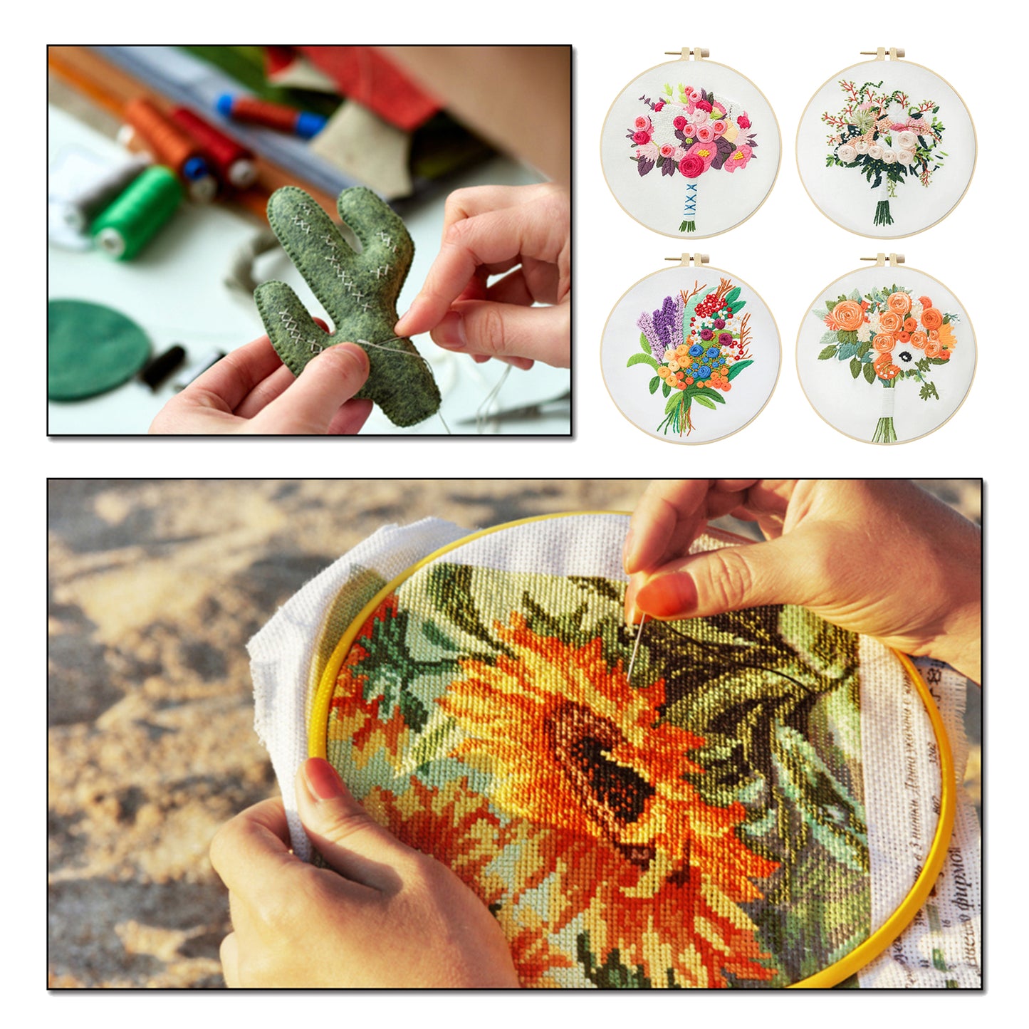 4PCS Rose Bouquet - DIY Embroidery Cross Stitch Kit with Pattern Cotton Threads Needles Hoop 30x30CM/11.81x11.81in