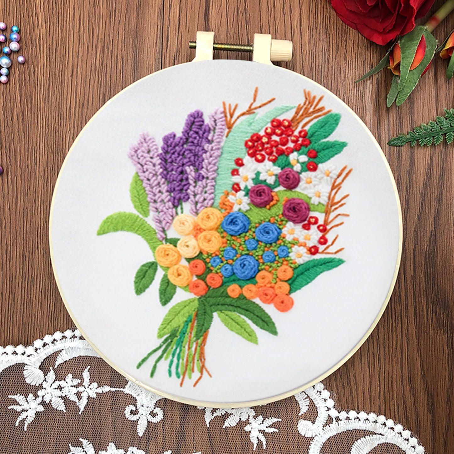 4PCS Rose Bouquet - DIY Embroidery Cross Stitch Kit with Pattern Cotton Threads Needles Hoop 30x30CM/11.81x11.81in