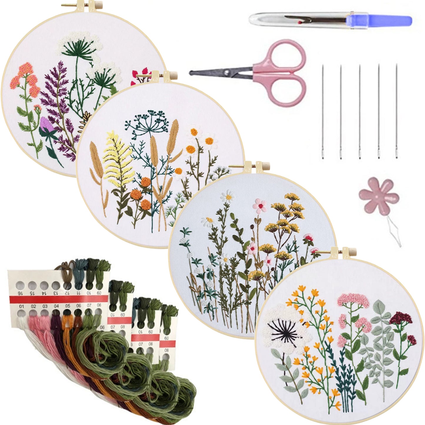 4PCS Plant Series - DIY Embroidery Cross Stitch Kit with Pattern Cotton Threads Needles Hoop 30x30CM/11.81x11.81in