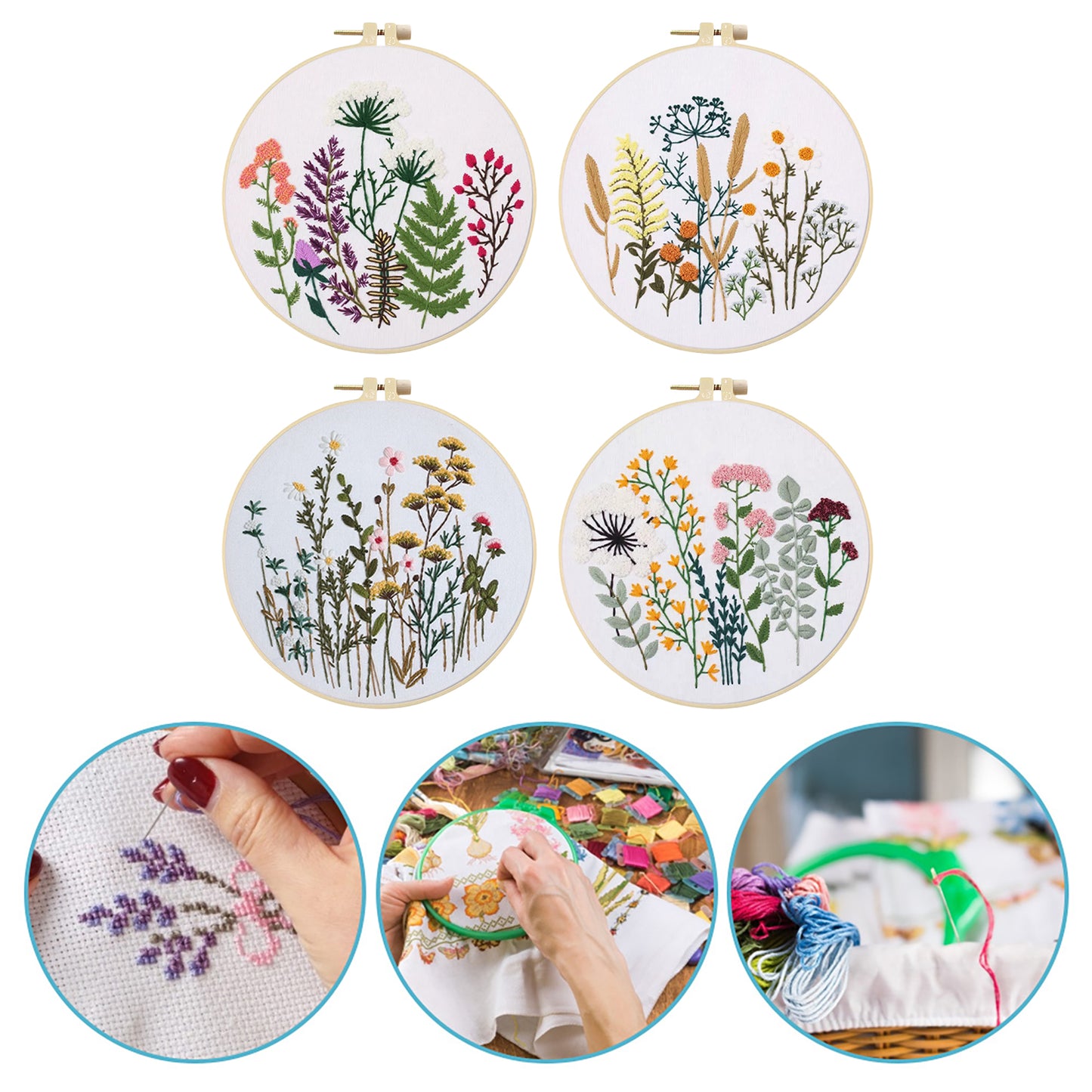 4PCS Plant Series - DIY Embroidery Cross Stitch Kit with Pattern Cotton Threads Needles Hoop 30x30CM/11.81x11.81in