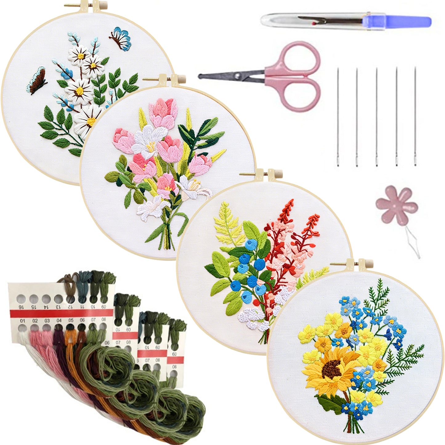 4PCS Daisy & Sunflower Bouquet - DIY Embroidery Cross Stitch Kit with Pattern Cotton Threads Needles Hoop 30x30CM/11.81x11.81in