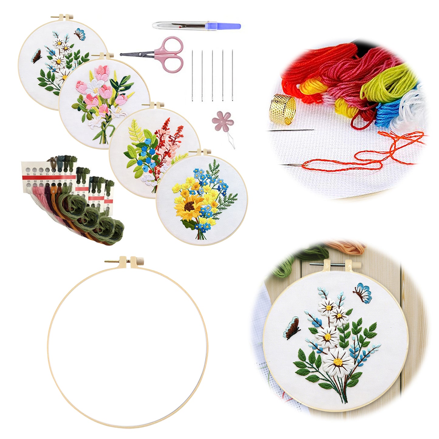 4PCS Daisy & Sunflower Bouquet - DIY Embroidery Cross Stitch Kit with Pattern Cotton Threads Needles Hoop 30x30CM/11.81x11.81in