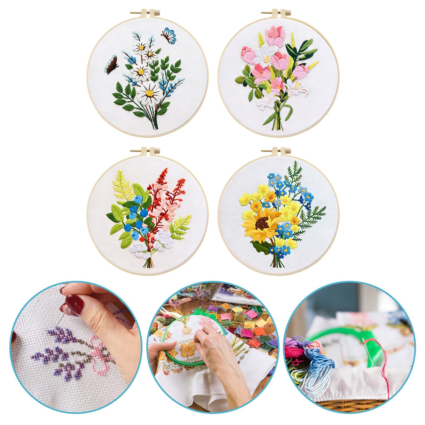 4PCS Daisy & Sunflower Bouquet - DIY Embroidery Cross Stitch Kit with Pattern Cotton Threads Needles Hoop 30x30CM/11.81x11.81in