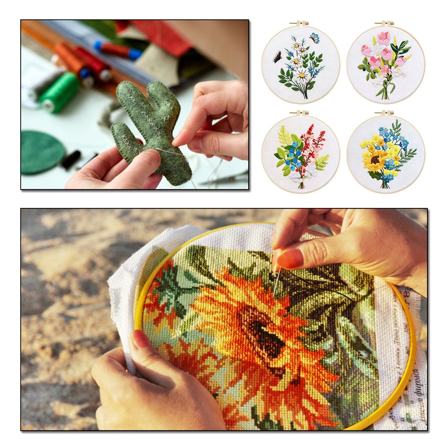 4PCS Daisy & Sunflower Bouquet - DIY Embroidery Cross Stitch Kit with Pattern Cotton Threads Needles Hoop 30x30CM/11.81x11.81in
