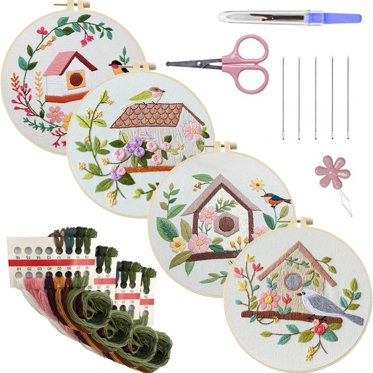 4PCS Bird House - DIY Embroidery Cross Stitch Kit with Pattern Cotton Threads Needles Hoop 30x30CM/11.81x11.81in