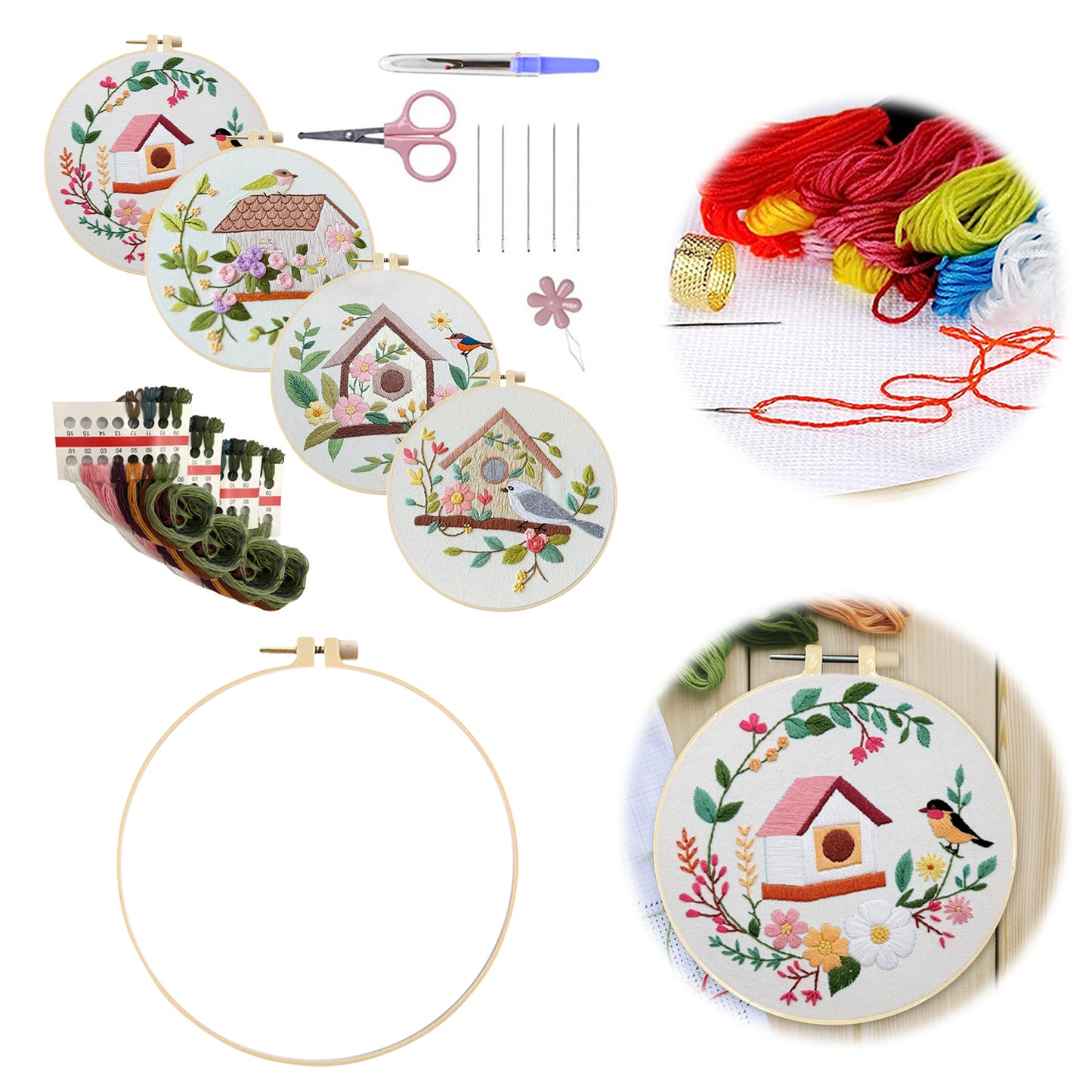 4PCS Bird House - DIY Embroidery Cross Stitch Kit with Pattern Cotton Threads Needles Hoop 30x30CM/11.81x11.81in