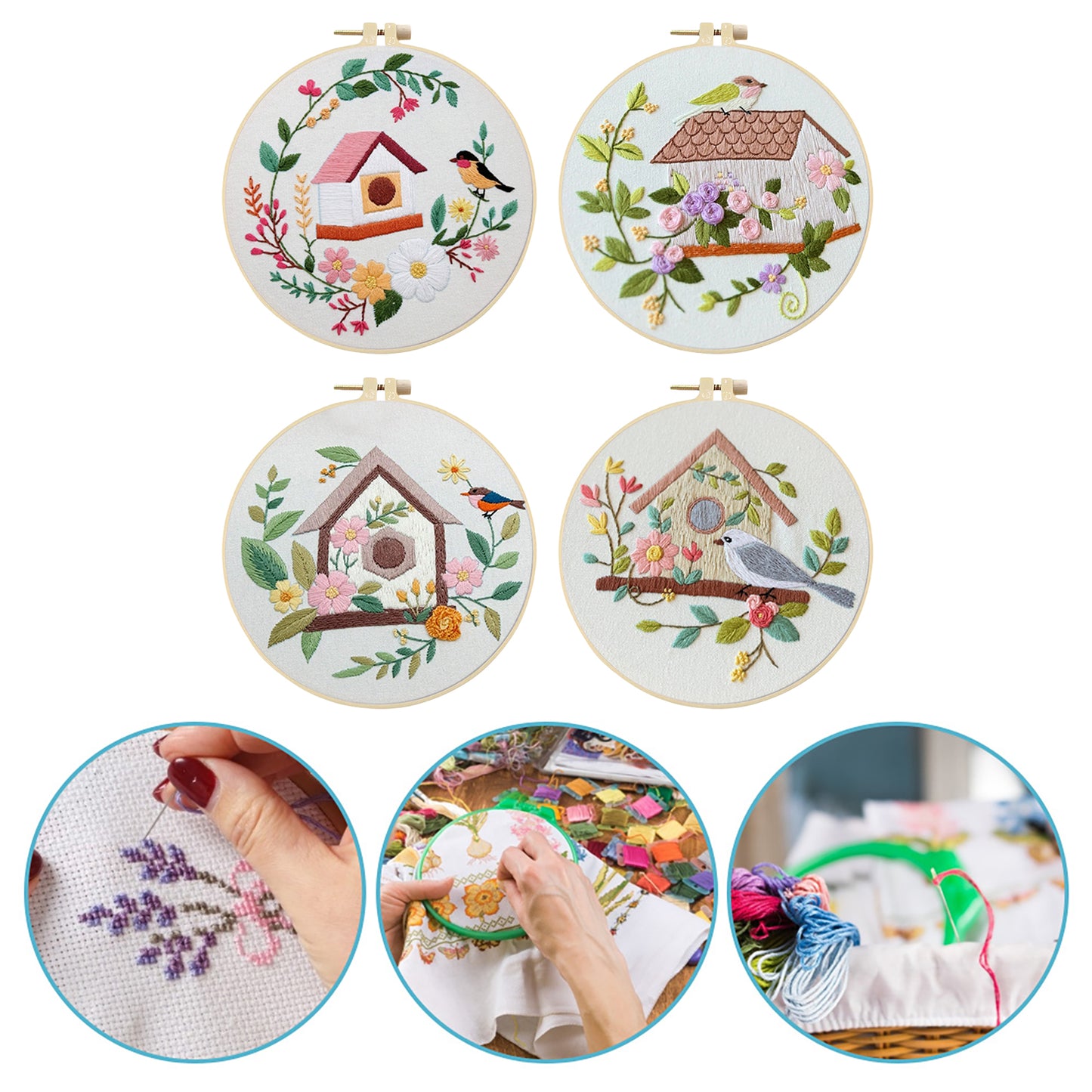 4PCS Bird House - DIY Embroidery Cross Stitch Kit with Pattern Cotton Threads Needles Hoop 30x30CM/11.81x11.81in