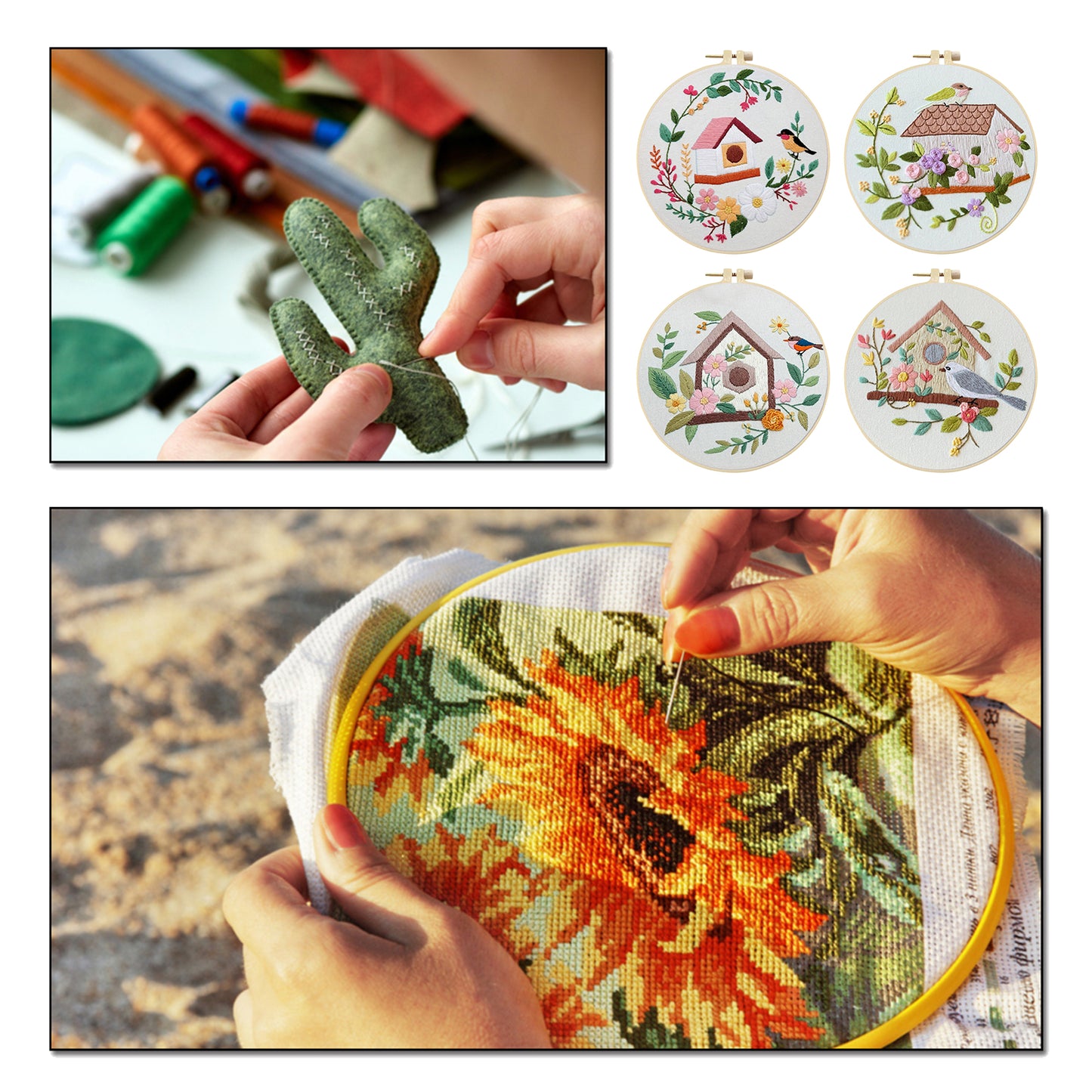 4PCS Bird House - DIY Embroidery Cross Stitch Kit with Pattern Cotton Threads Needles Hoop 30x30CM/11.81x11.81in