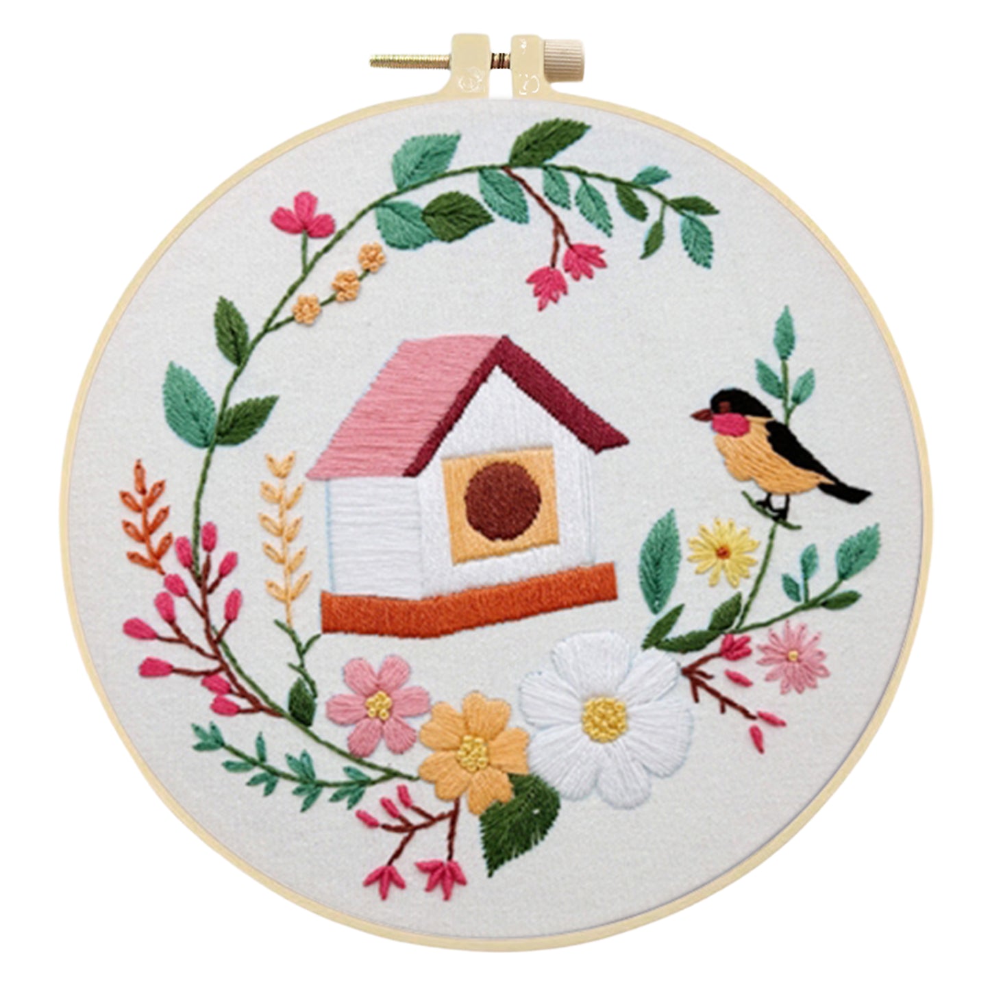 4PCS Bird House - DIY Embroidery Cross Stitch Kit with Pattern Cotton Threads Needles Hoop 30x30CM/11.81x11.81in