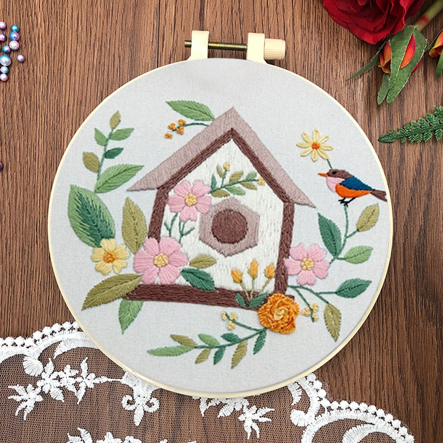 4PCS Bird House - DIY Embroidery Cross Stitch Kit with Pattern Cotton Threads Needles Hoop 30x30CM/11.81x11.81in
