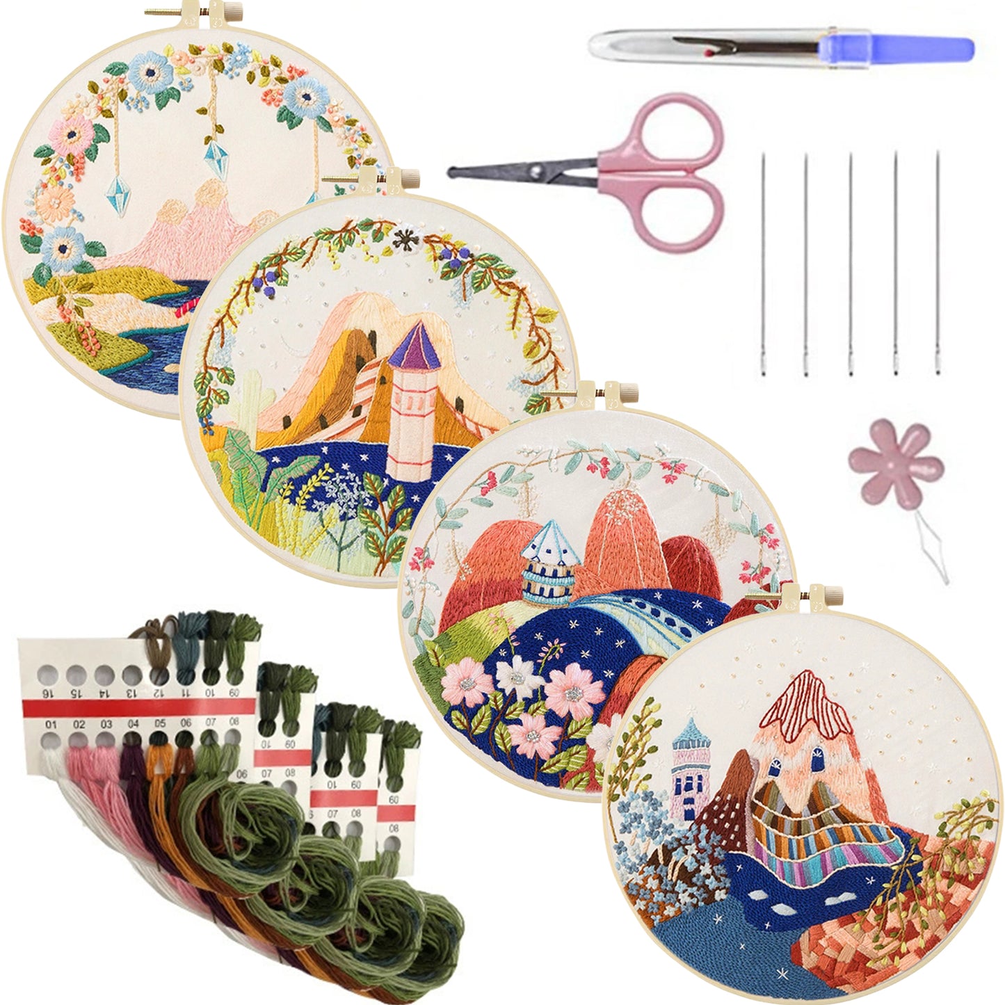 4PCS Mountain - DIY Embroidery Cross Stitch Kit with Pattern Cotton Threads Needles Hoop 30x30CM/11.81x11.81in