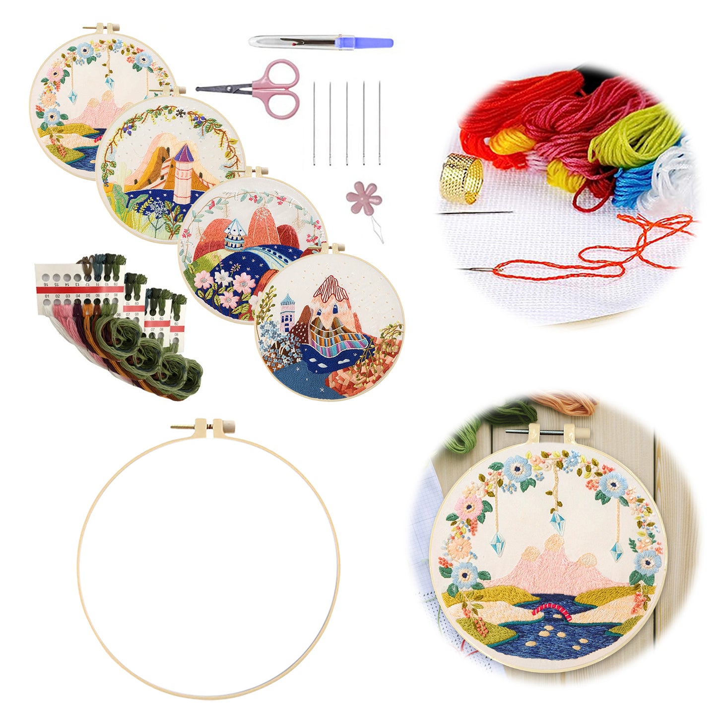 4PCS Mountain - DIY Embroidery Cross Stitch Kit with Pattern Cotton Threads Needles Hoop 30x30CM/11.81x11.81in