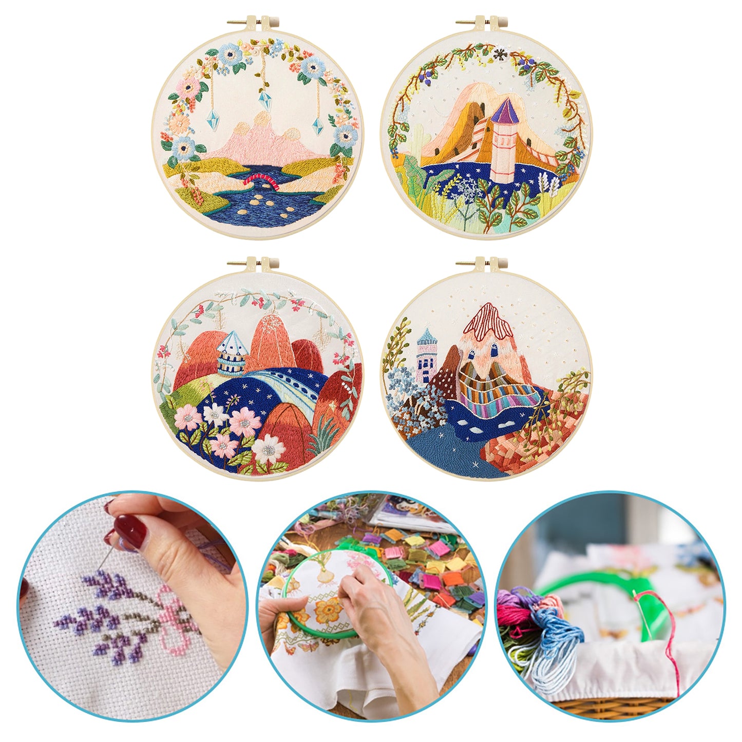 4PCS Mountain - DIY Embroidery Cross Stitch Kit with Pattern Cotton Threads Needles Hoop 30x30CM/11.81x11.81in