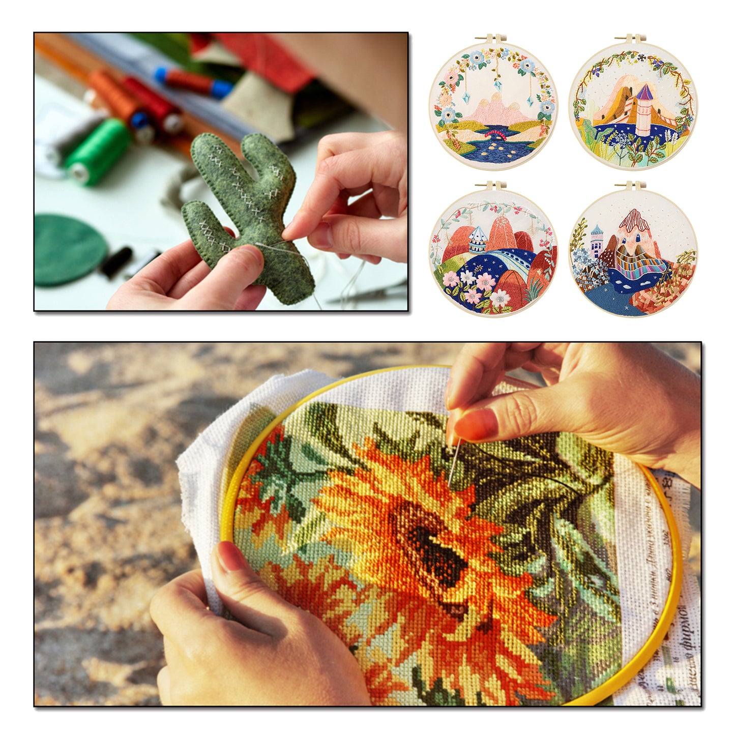 4PCS Mountain - DIY Embroidery Cross Stitch Kit with Pattern Cotton Threads Needles Hoop 30x30CM/11.81x11.81in