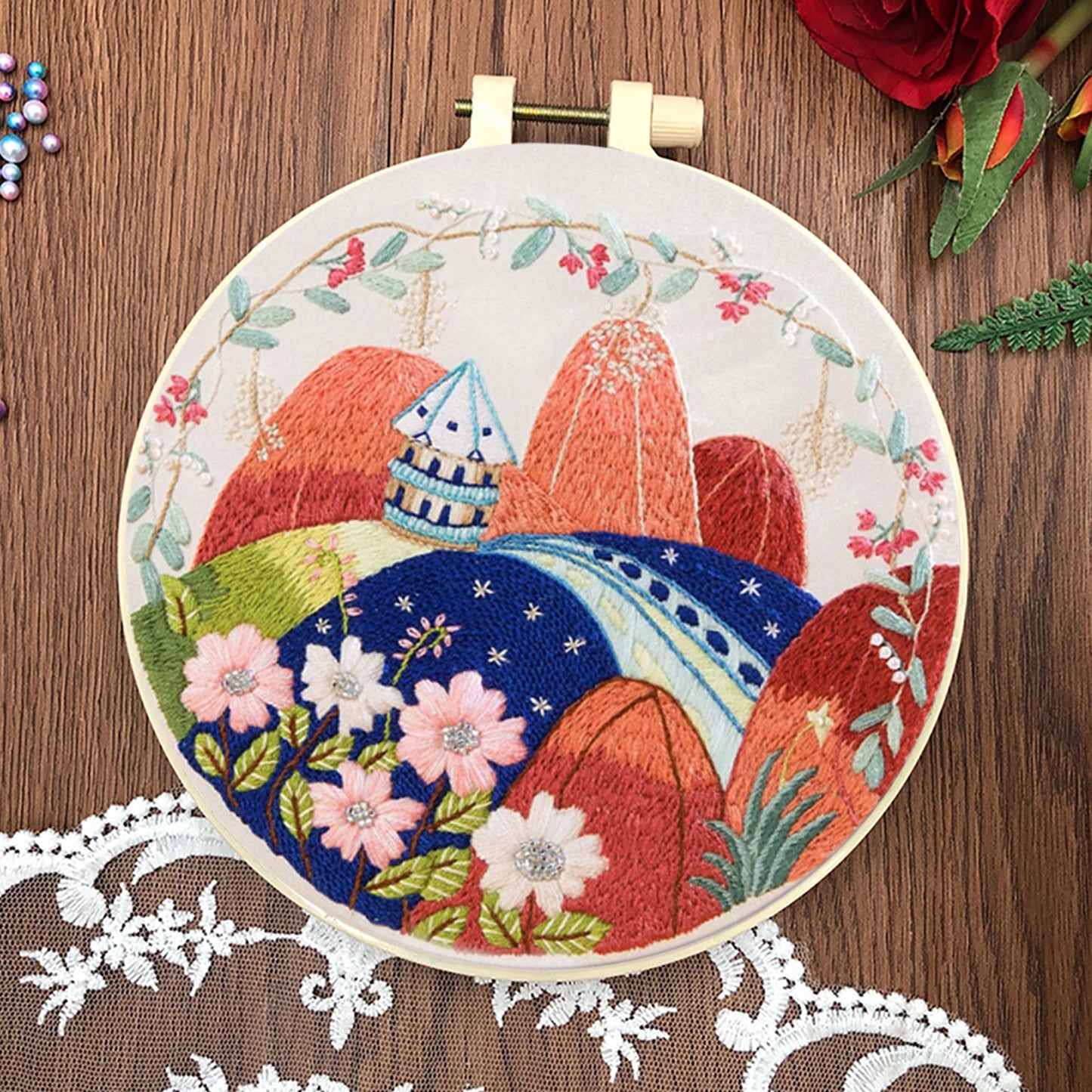 4PCS Mountain - DIY Embroidery Cross Stitch Kit with Pattern Cotton Threads Needles Hoop 30x30CM/11.81x11.81in