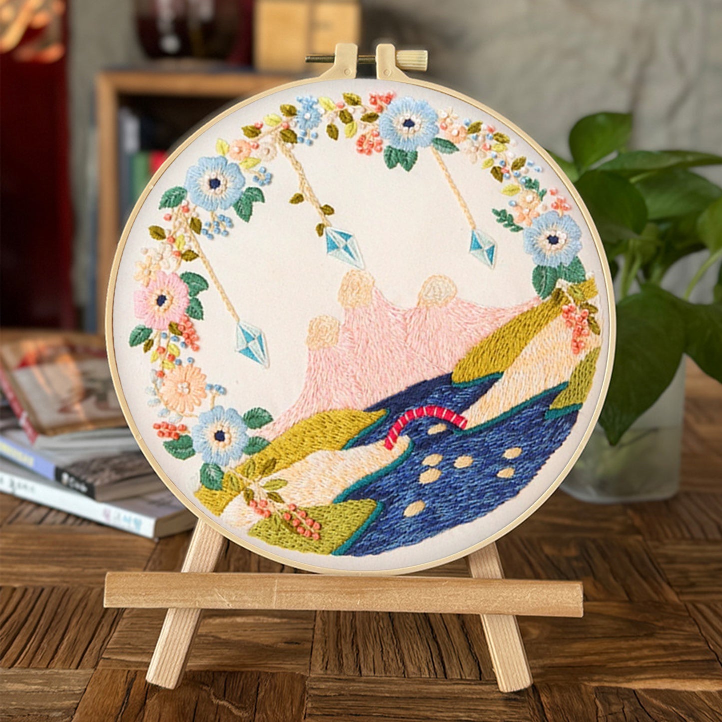 4PCS Mountain - DIY Embroidery Cross Stitch Kit with Pattern Cotton Threads Needles Hoop 30x30CM/11.81x11.81in