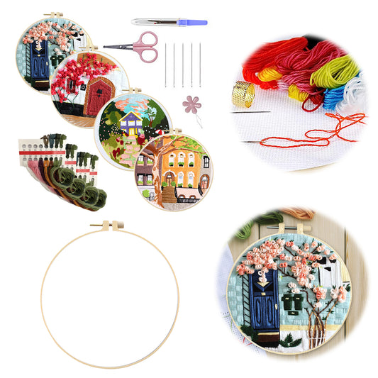 4PCS Colorful Cottage - DIY Embroidery Cross Stitch Kit with Pattern Cotton Threads Needles Hoop 30x30CM/11.81x11.81in