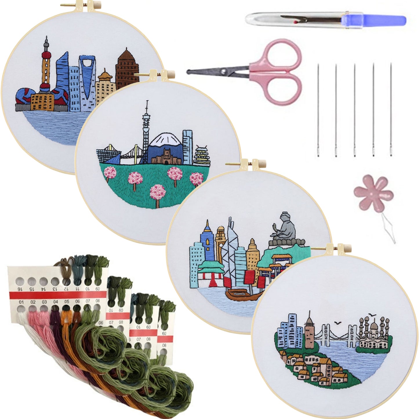 4PCS Characteristic Architecture - DIY Embroidery Cross Stitch Kit with Pattern Cotton Threads Needles Hoop 30x30CM/11.81x11.81in