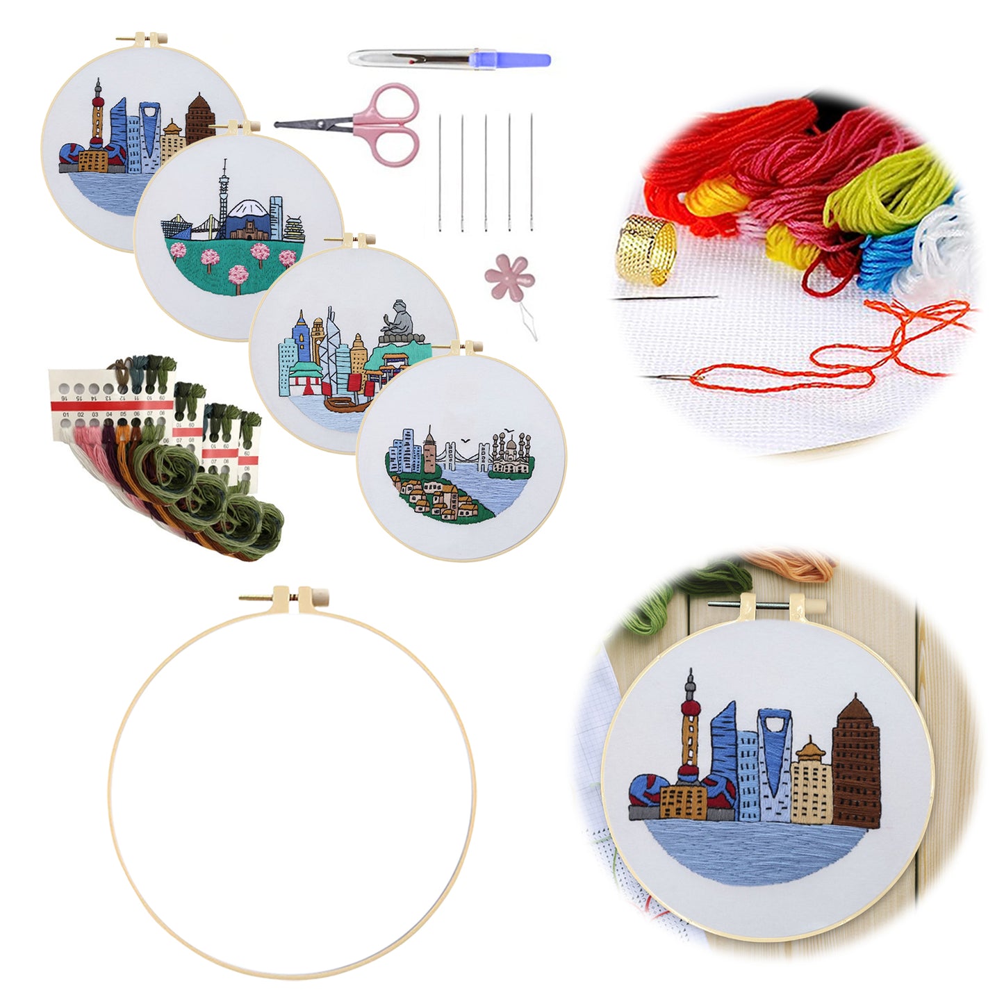 4PCS Characteristic Architecture - DIY Embroidery Cross Stitch Kit with Pattern Cotton Threads Needles Hoop 30x30CM/11.81x11.81in
