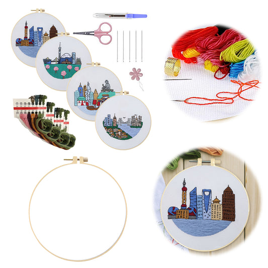 4PCS Characteristic Architecture - DIY Embroidery Cross Stitch Kit with Pattern Cotton Threads Needles Hoop 30x30CM/11.81x11.81in