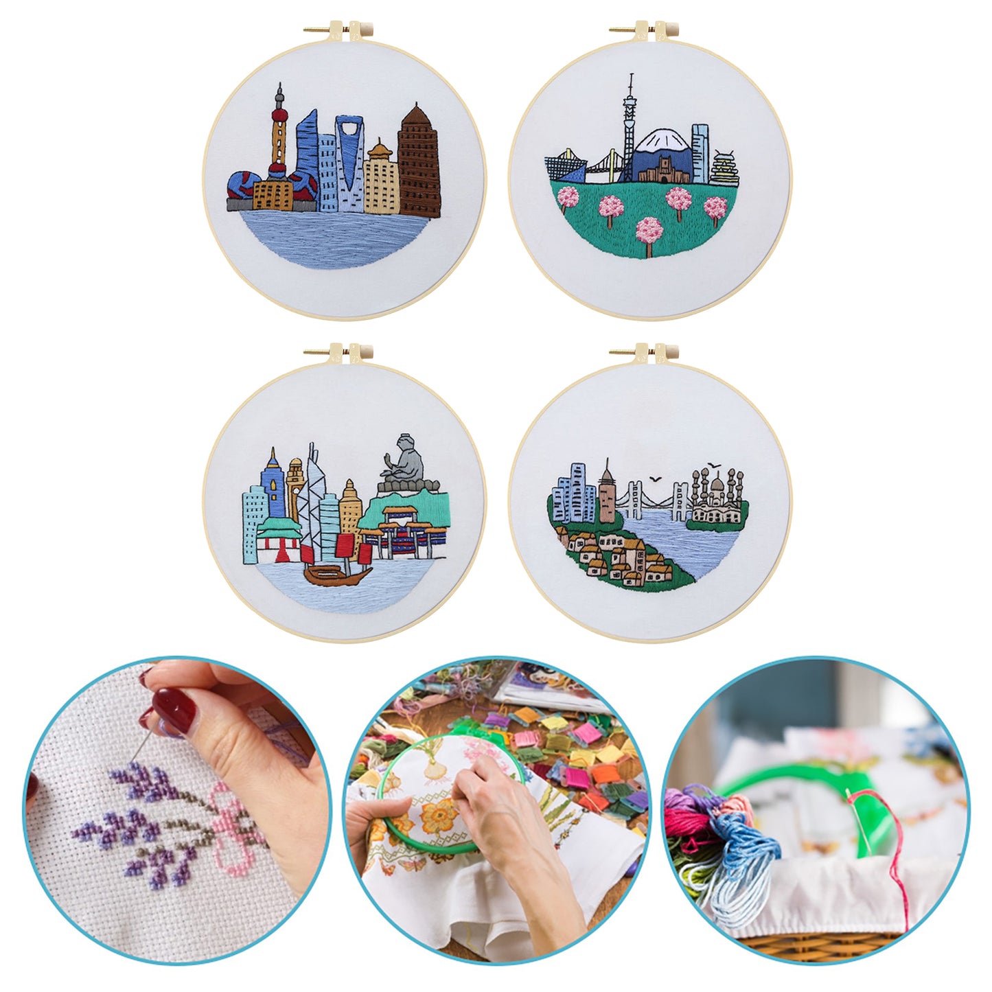 4PCS Characteristic Architecture - DIY Embroidery Cross Stitch Kit with Pattern Cotton Threads Needles Hoop 30x30CM/11.81x11.81in