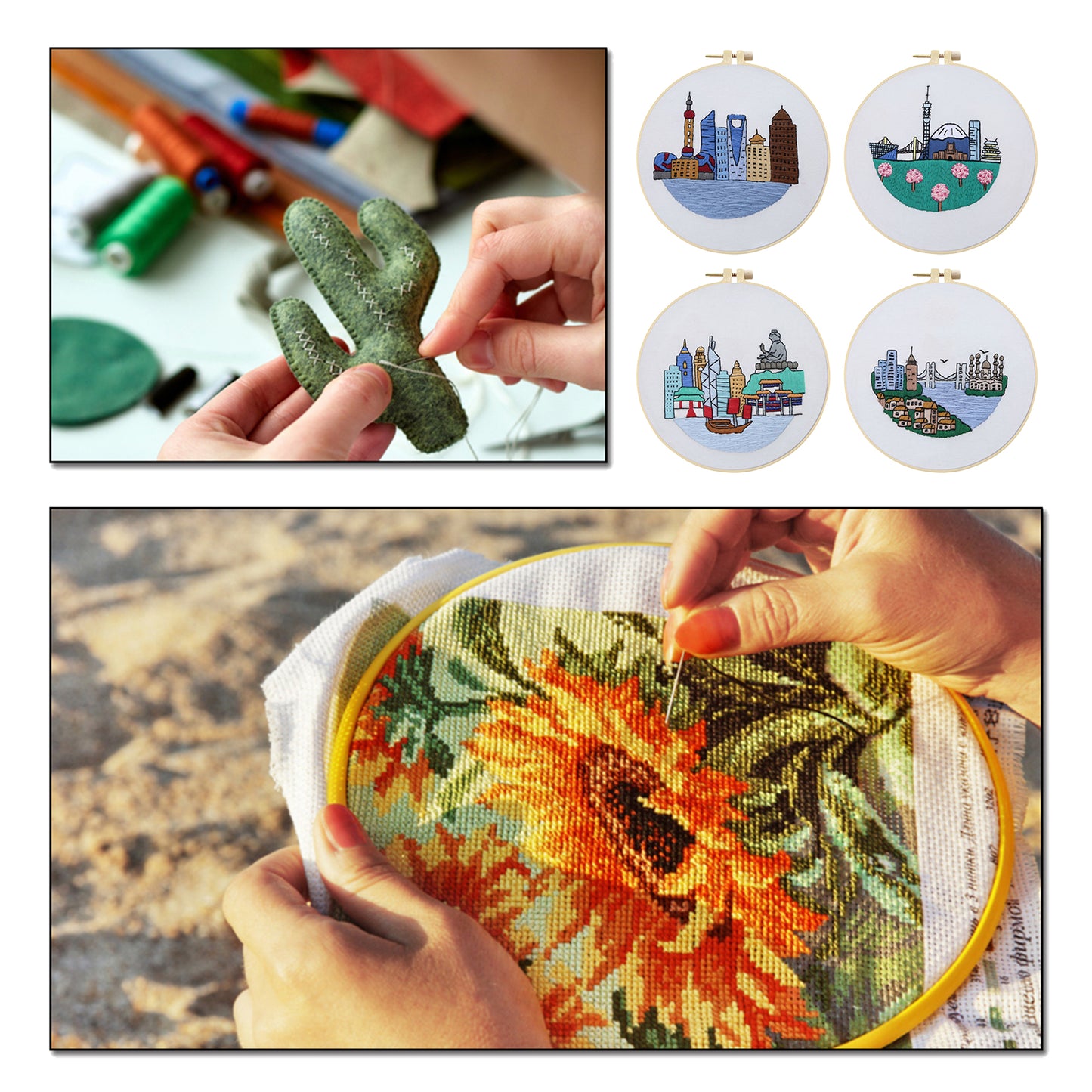 4PCS Characteristic Architecture - DIY Embroidery Cross Stitch Kit with Pattern Cotton Threads Needles Hoop 30x30CM/11.81x11.81in