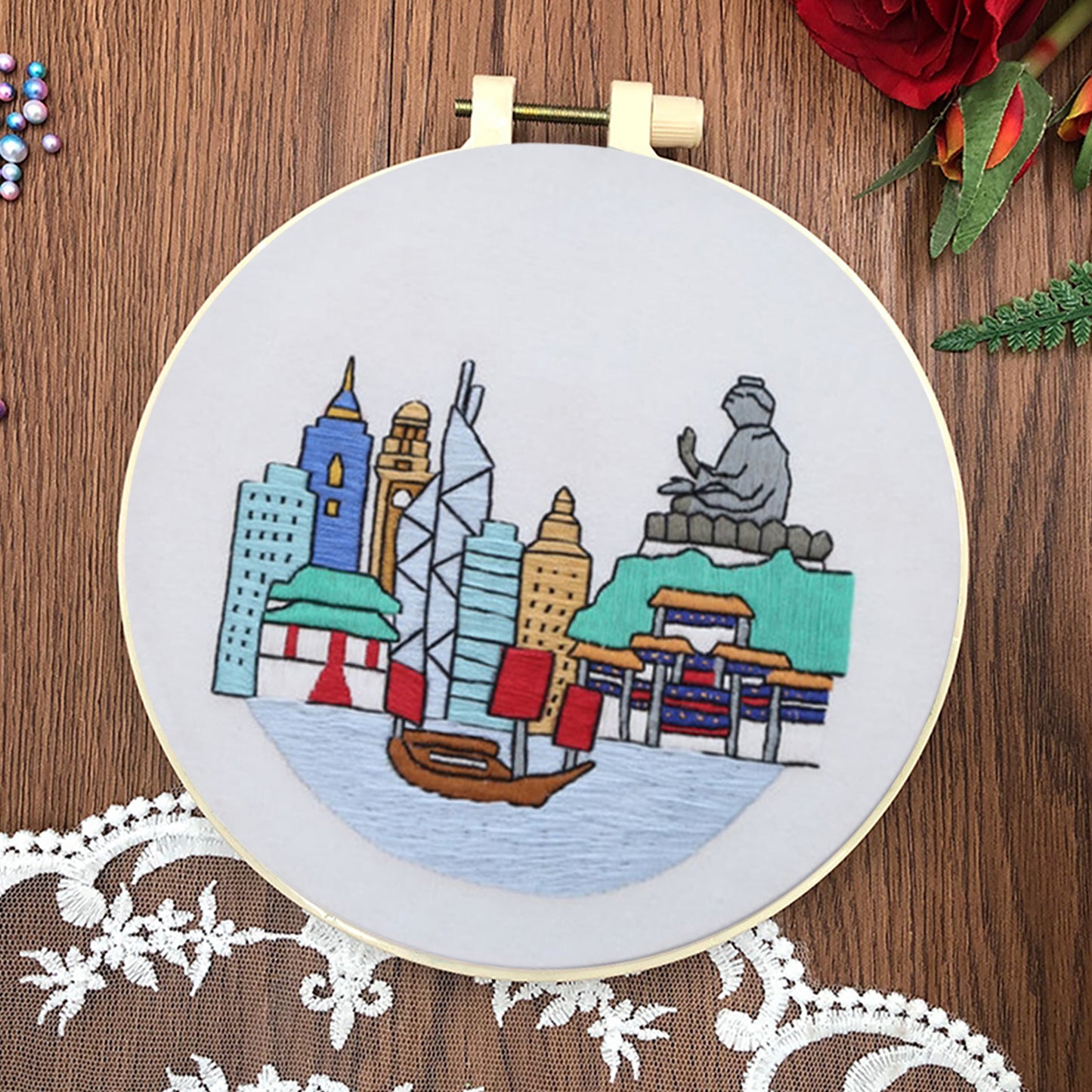 4PCS Characteristic Architecture - DIY Embroidery Cross Stitch Kit with Pattern Cotton Threads Needles Hoop 30x30CM/11.81x11.81in