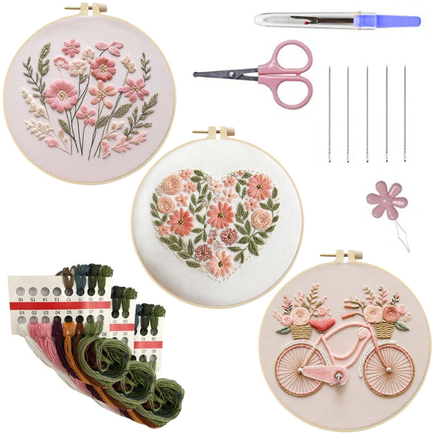 3PCS Flowers & Bicycle - DIY Embroidery Cross Stitch Kit with Pattern Cotton Threads Needles Hoop 30x30CM/11.81x11.81in