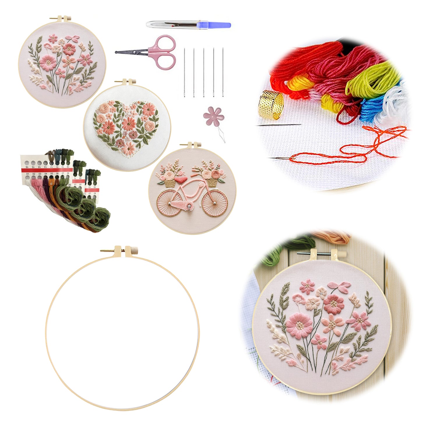 3PCS Flowers & Bicycle - DIY Embroidery Cross Stitch Kit with Pattern Cotton Threads Needles Hoop 30x30CM/11.81x11.81in