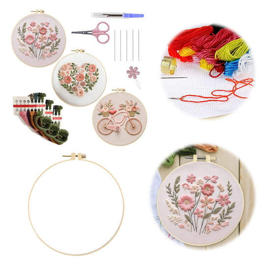 3PCS Flowers & Bicycle - DIY Embroidery Cross Stitch Kit with Pattern Cotton Threads Needles Hoop 30x30CM/11.81x11.81in
