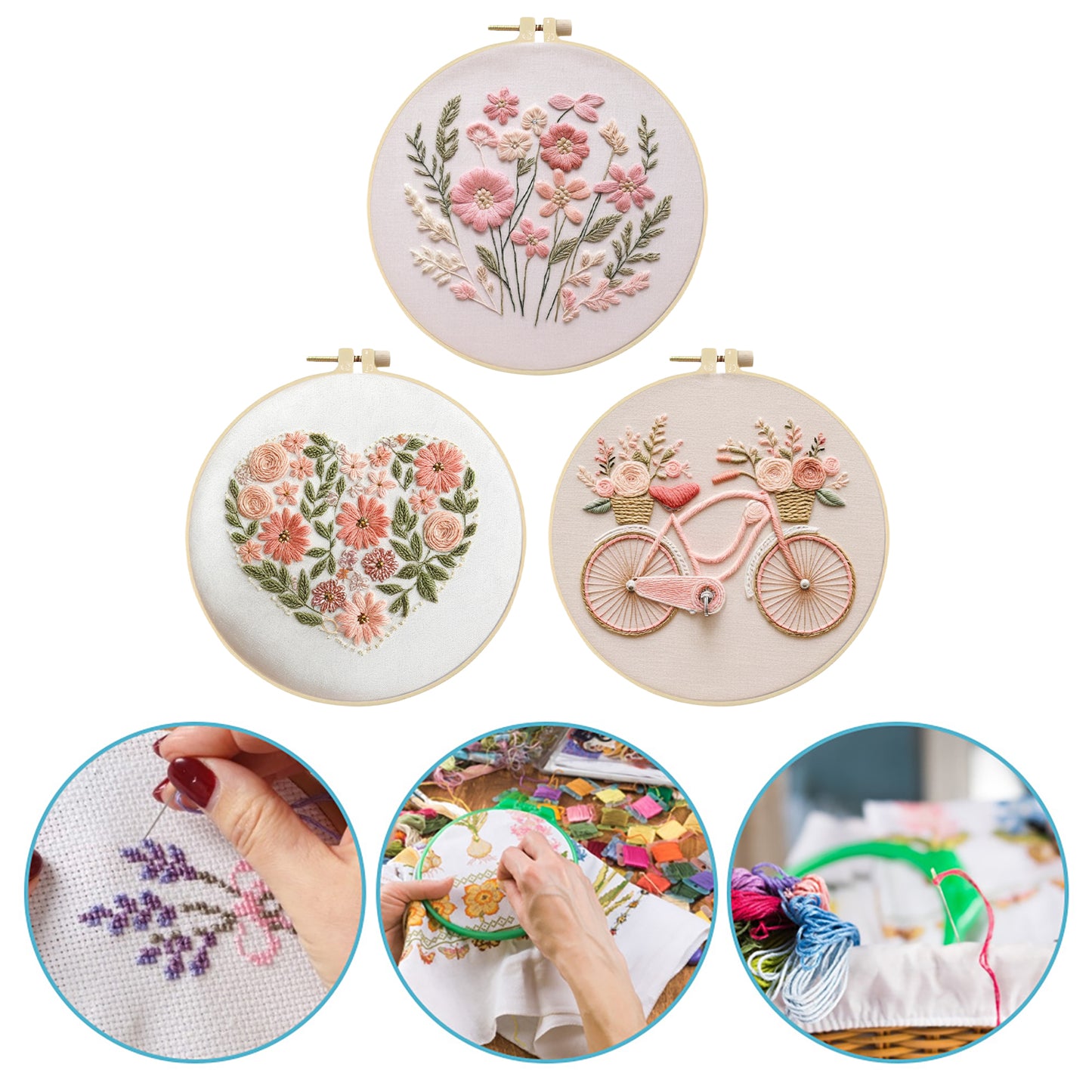 3PCS Flowers & Bicycle - DIY Embroidery Cross Stitch Kit with Pattern Cotton Threads Needles Hoop 30x30CM/11.81x11.81in