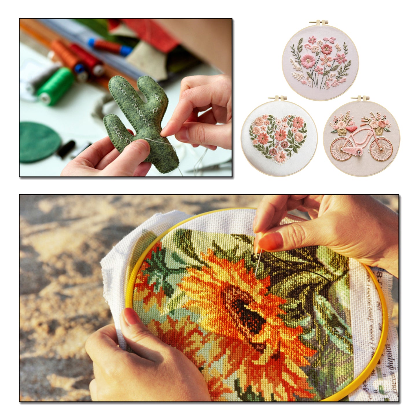 3PCS Flowers & Bicycle - DIY Embroidery Cross Stitch Kit with Pattern Cotton Threads Needles Hoop 30x30CM/11.81x11.81in