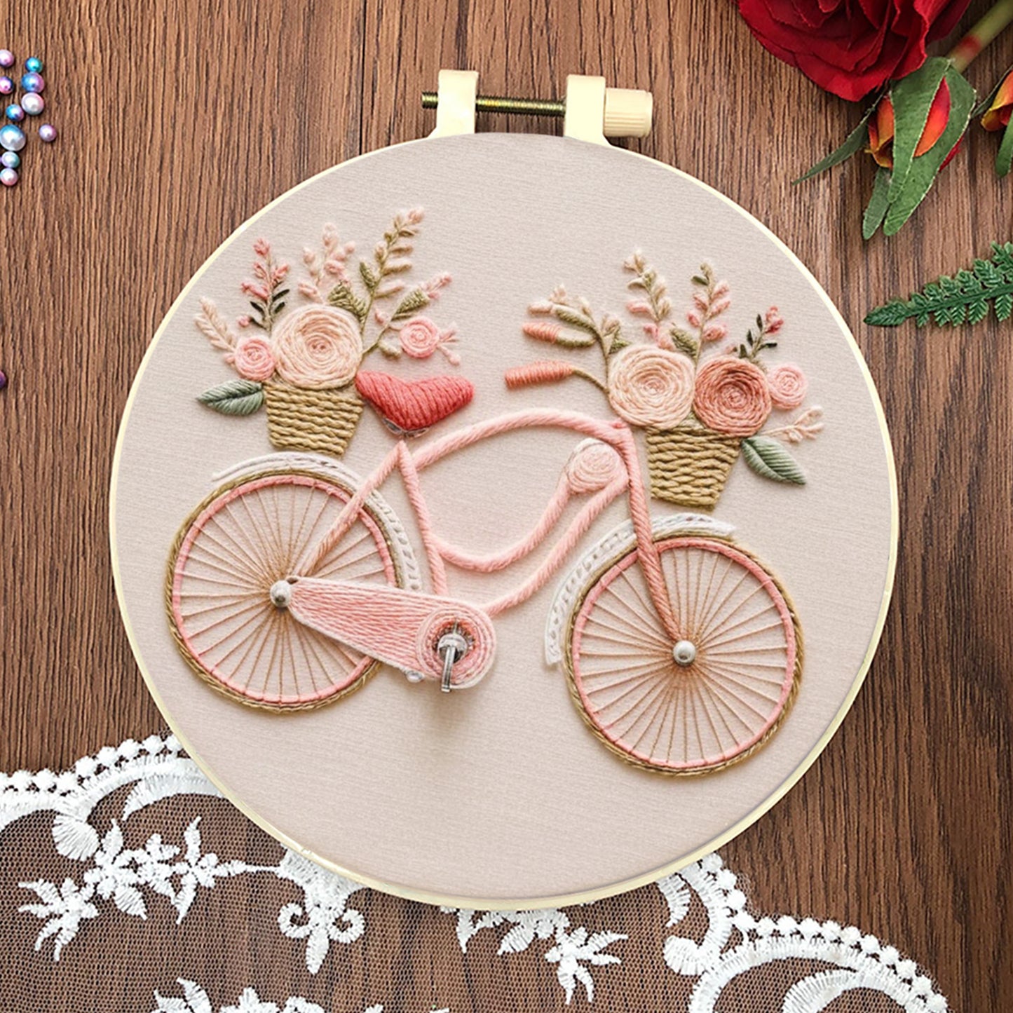 3PCS Flowers & Bicycle - DIY Embroidery Cross Stitch Kit with Pattern Cotton Threads Needles Hoop 30x30CM/11.81x11.81in