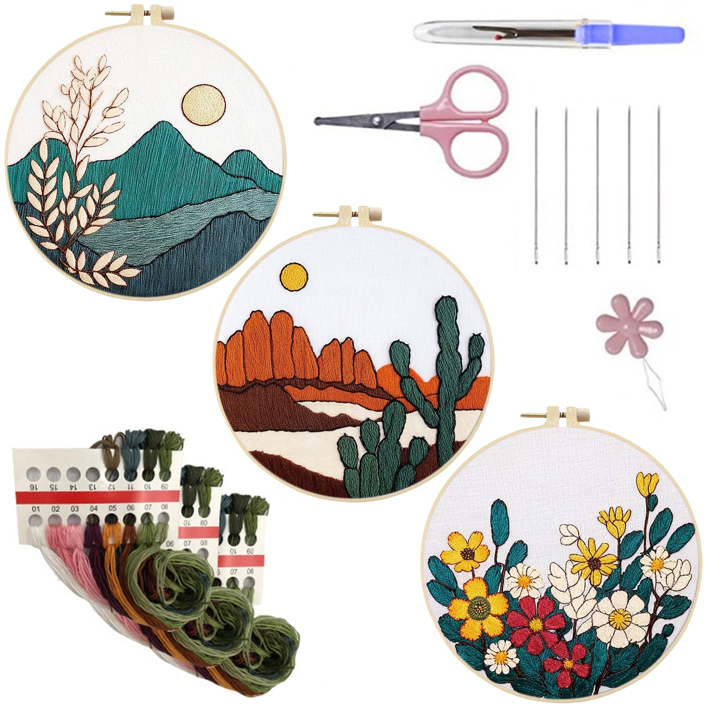 3PCS Mountains, Rivers & Flowers - DIY Embroidery Cross Stitch Kit with Pattern Cotton Threads Needles Hoop 30x30CM/11.81x11.81in