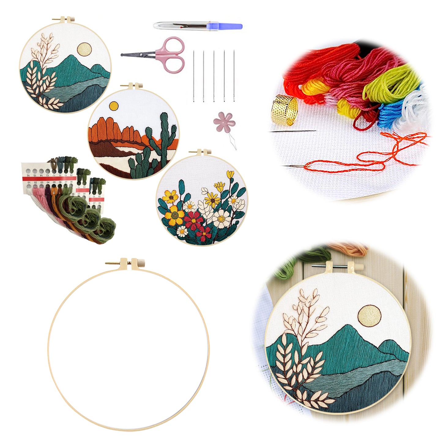 3PCS Mountains, Rivers & Flowers - DIY Embroidery Cross Stitch Kit with Pattern Cotton Threads Needles Hoop 30x30CM/11.81x11.81in
