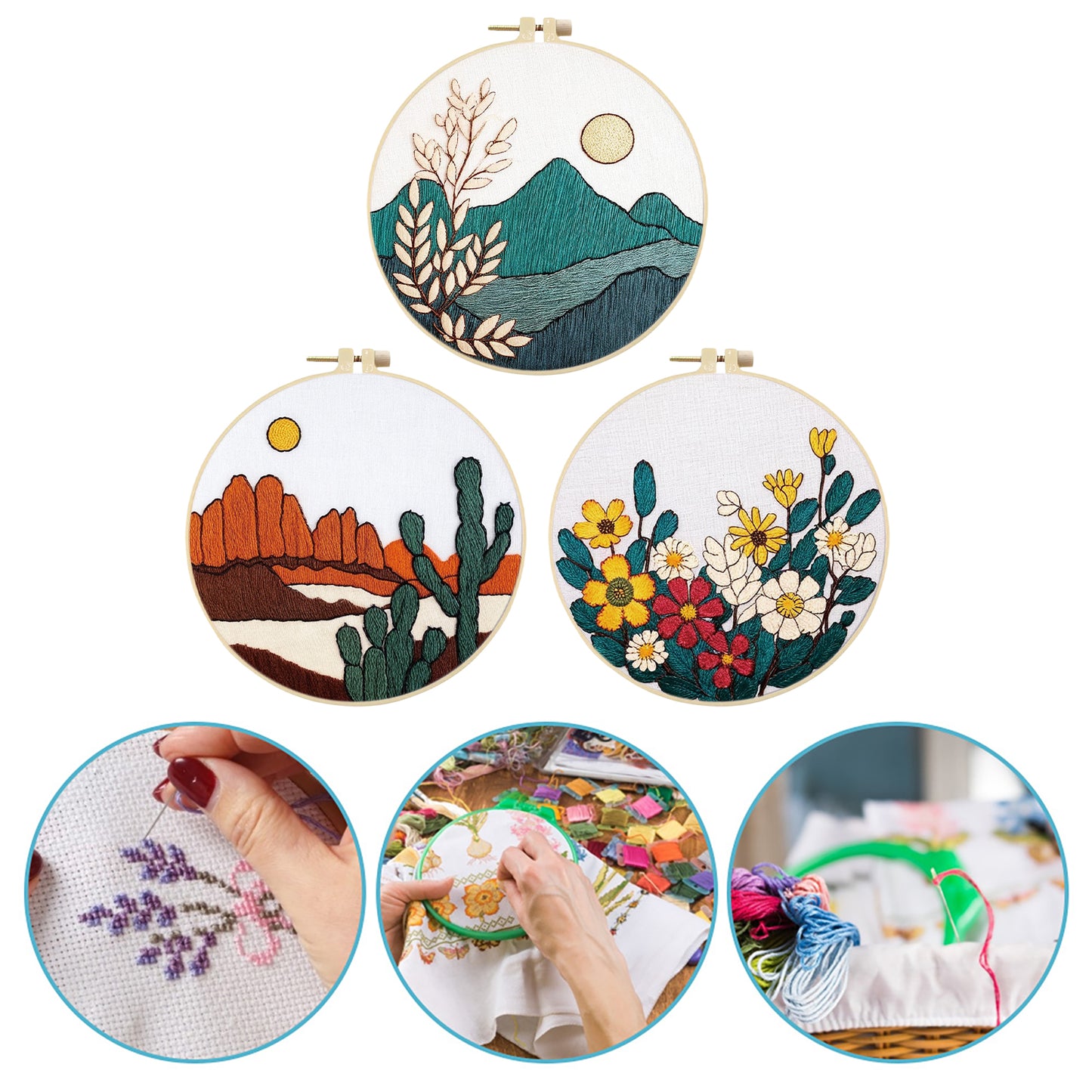 3PCS Mountains, Rivers & Flowers - DIY Embroidery Cross Stitch Kit with Pattern Cotton Threads Needles Hoop 30x30CM/11.81x11.81in
