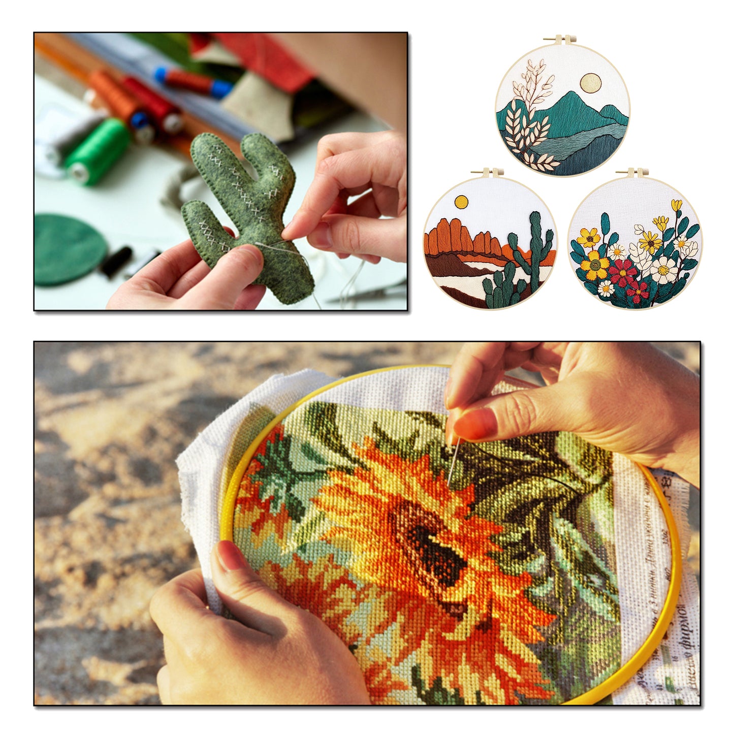 3PCS Mountains, Rivers & Flowers - DIY Embroidery Cross Stitch Kit with Pattern Cotton Threads Needles Hoop 30x30CM/11.81x11.81in