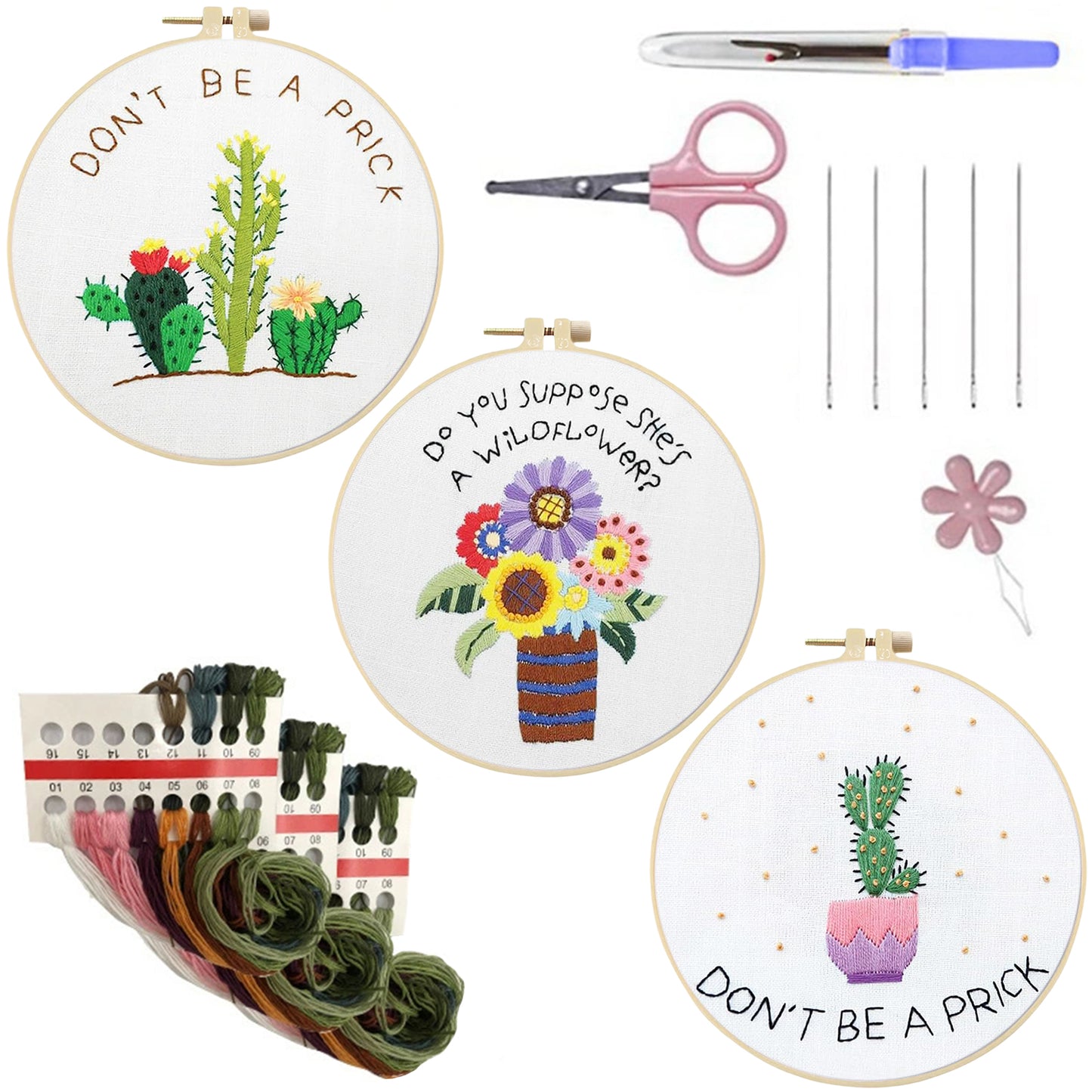3PCS Cactus & Flowers - DIY Embroidery Cross Stitch Kit with Pattern Cotton Threads Needles Hoop 30x30CM/11.81x11.81in