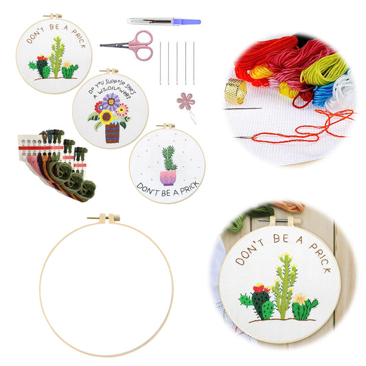 3PCS Cactus & Flowers - DIY Embroidery Cross Stitch Kit with Pattern Cotton Threads Needles Hoop 30x30CM/11.81x11.81in