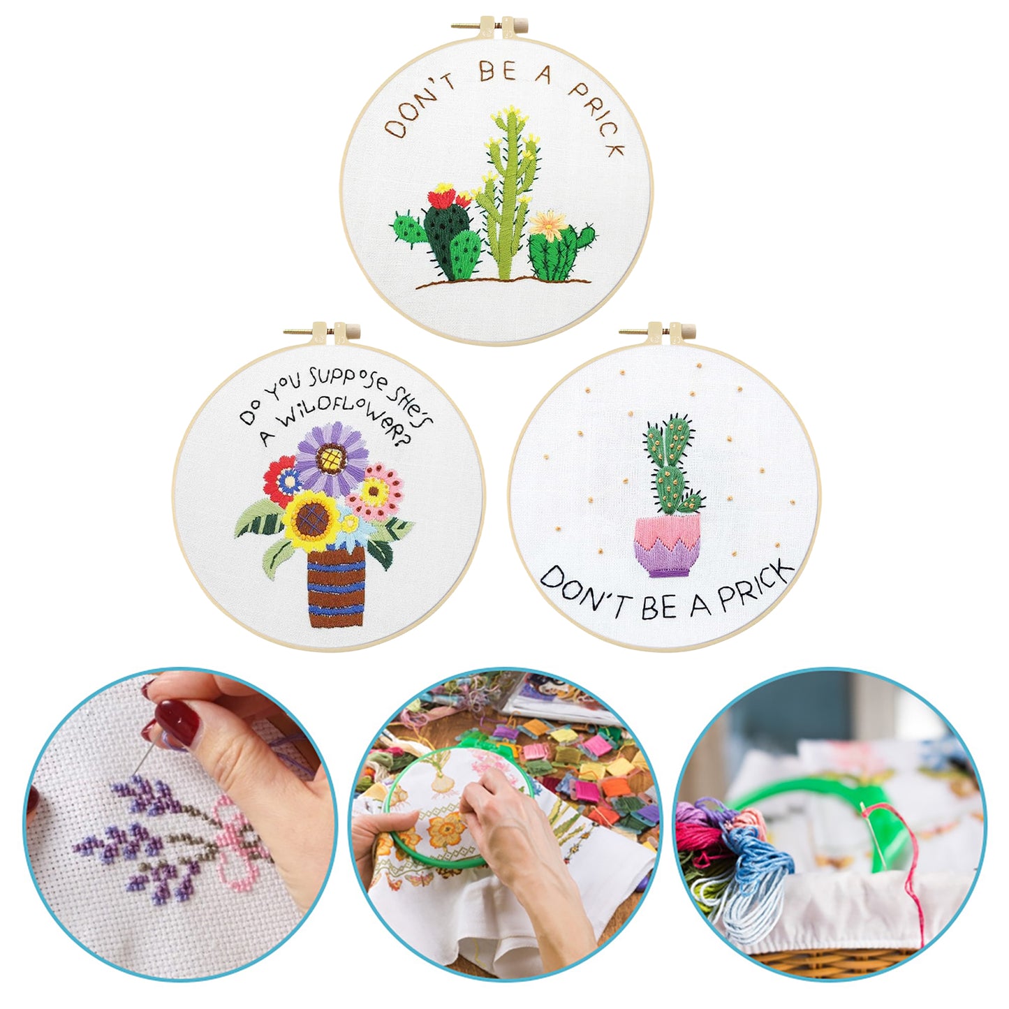3PCS Cactus & Flowers - DIY Embroidery Cross Stitch Kit with Pattern Cotton Threads Needles Hoop 30x30CM/11.81x11.81in