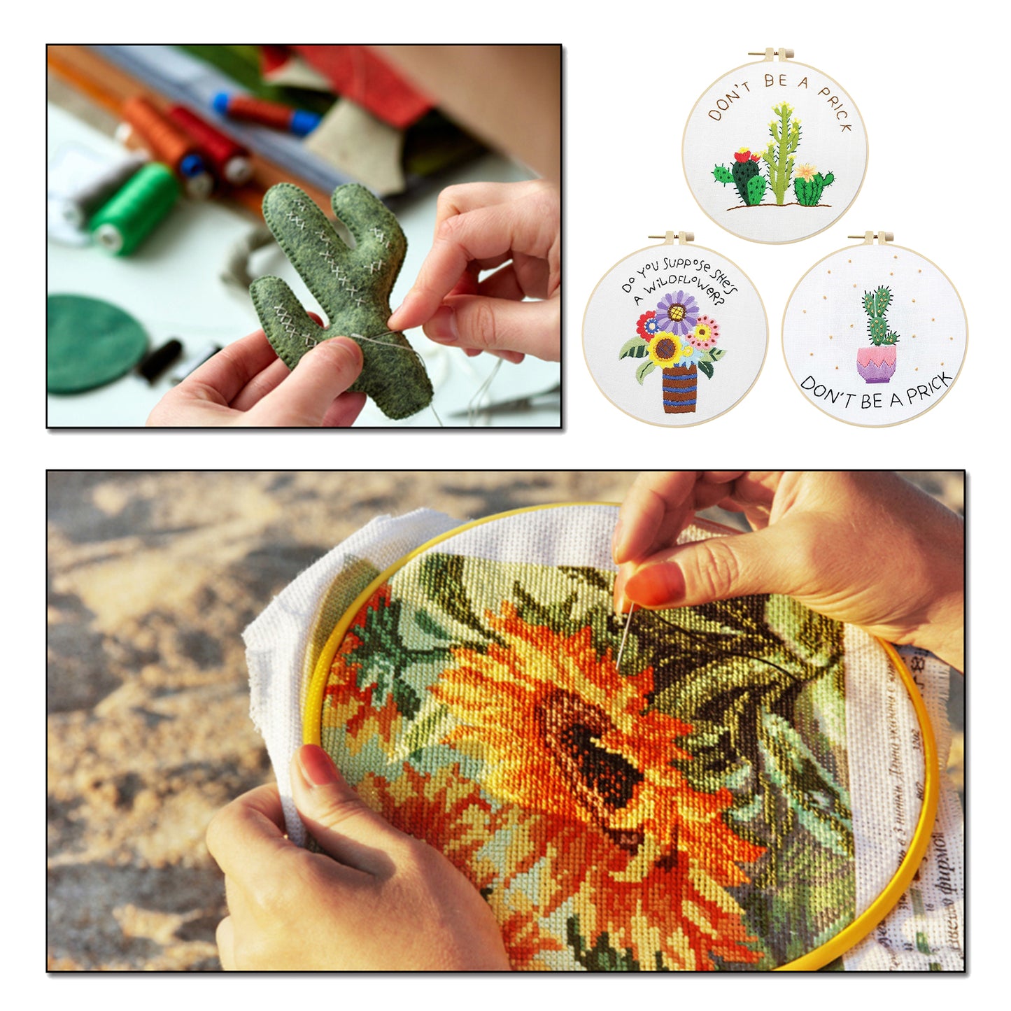 3PCS Cactus & Flowers - DIY Embroidery Cross Stitch Kit with Pattern Cotton Threads Needles Hoop 30x30CM/11.81x11.81in