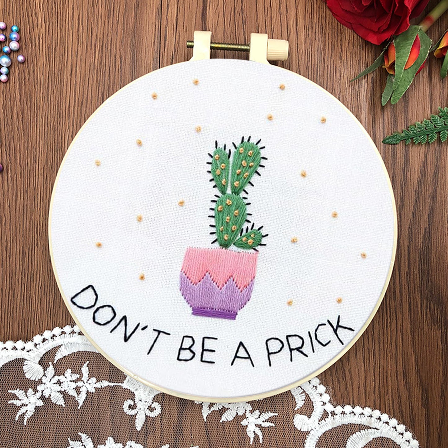 3PCS Cactus & Flowers - DIY Embroidery Cross Stitch Kit with Pattern Cotton Threads Needles Hoop 30x30CM/11.81x11.81in