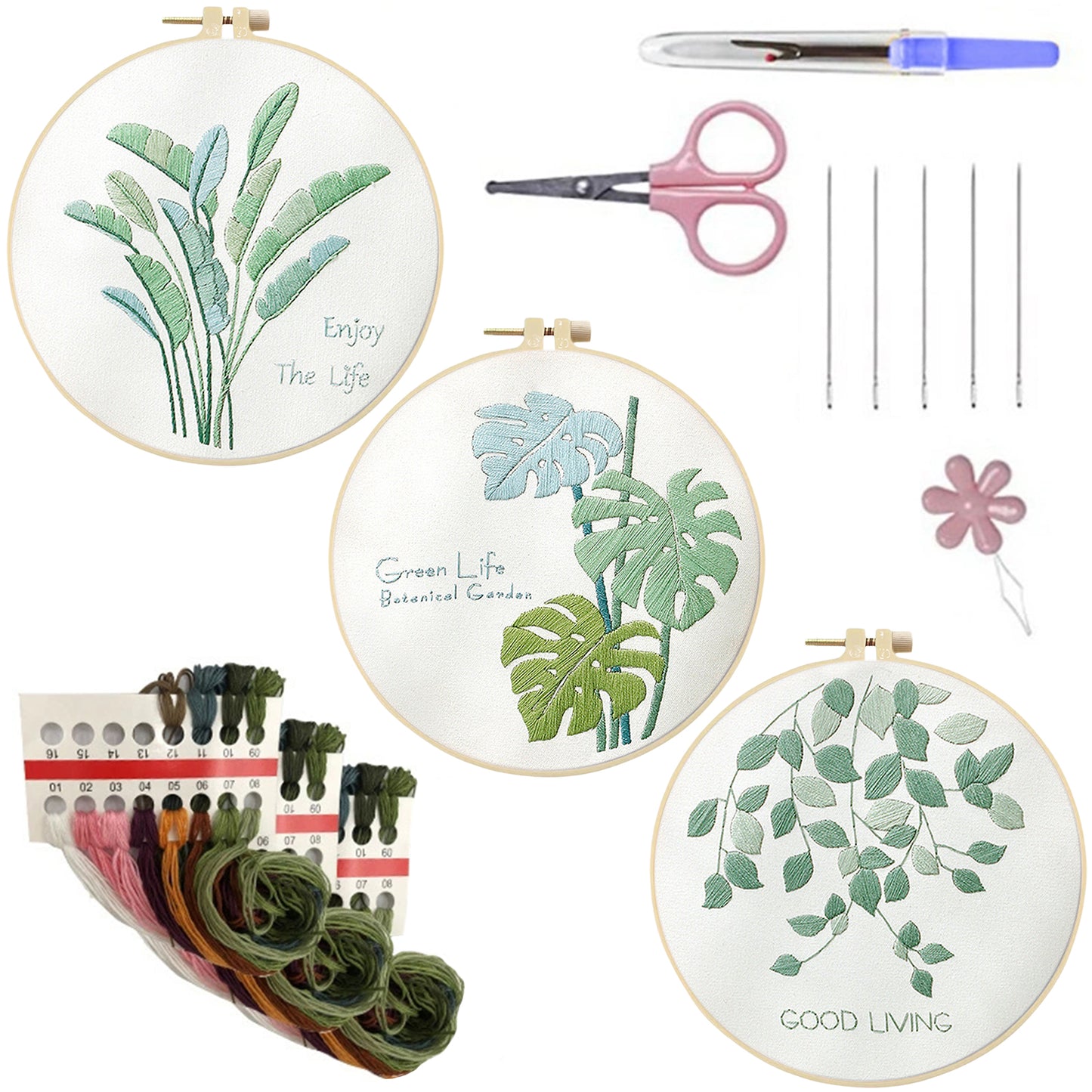 3PCS Green Plants - DIY Embroidery Cross Stitch Kit with Pattern Cotton Threads Needles Hoop 30x30CM/11.81x11.81in