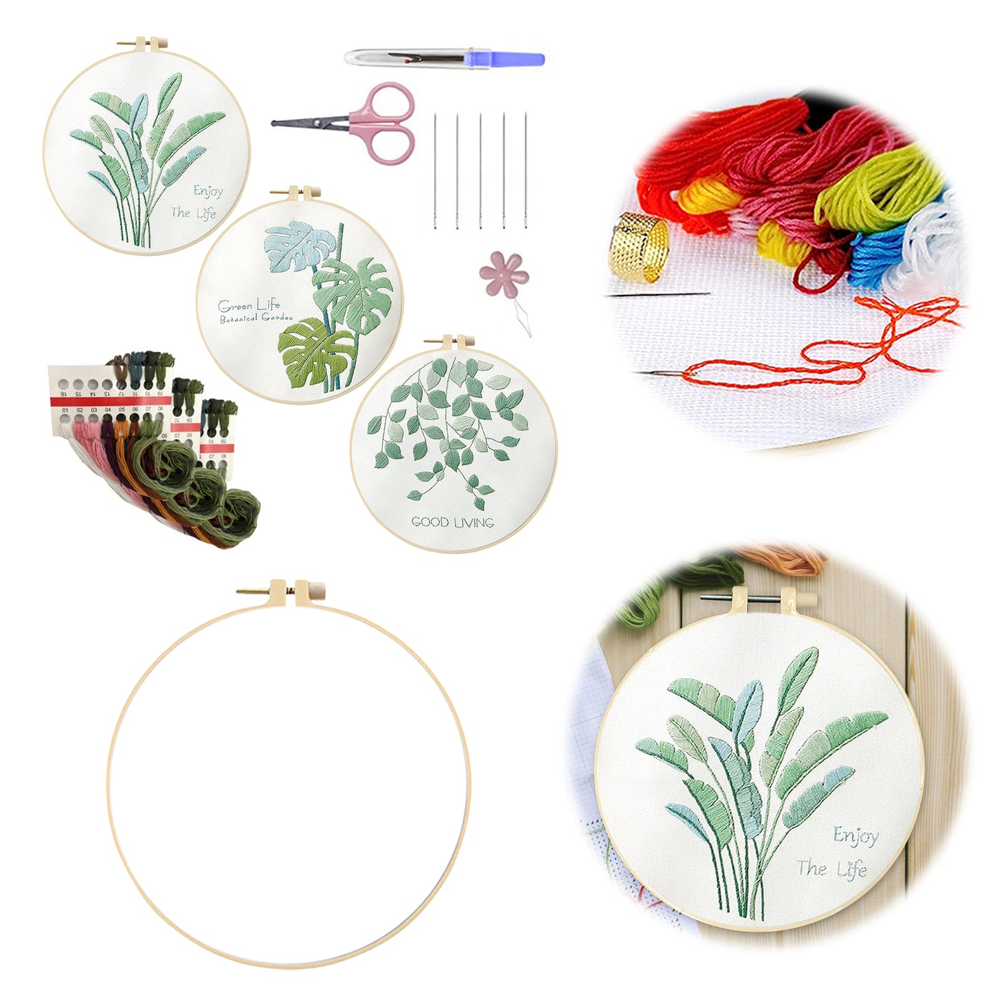 3PCS Green Plants - DIY Embroidery Cross Stitch Kit with Pattern Cotton Threads Needles Hoop 30x30CM/11.81x11.81in