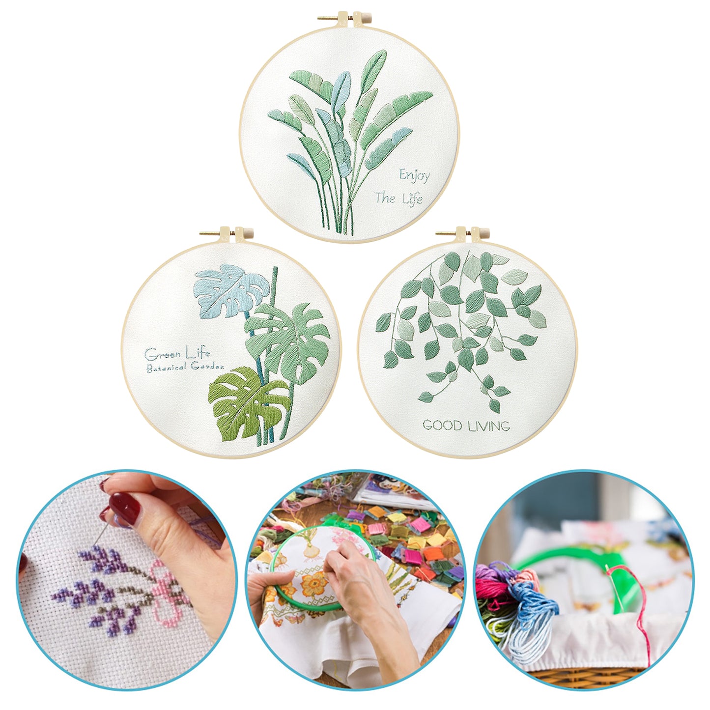 3PCS Green Plants - DIY Embroidery Cross Stitch Kit with Pattern Cotton Threads Needles Hoop 30x30CM/11.81x11.81in