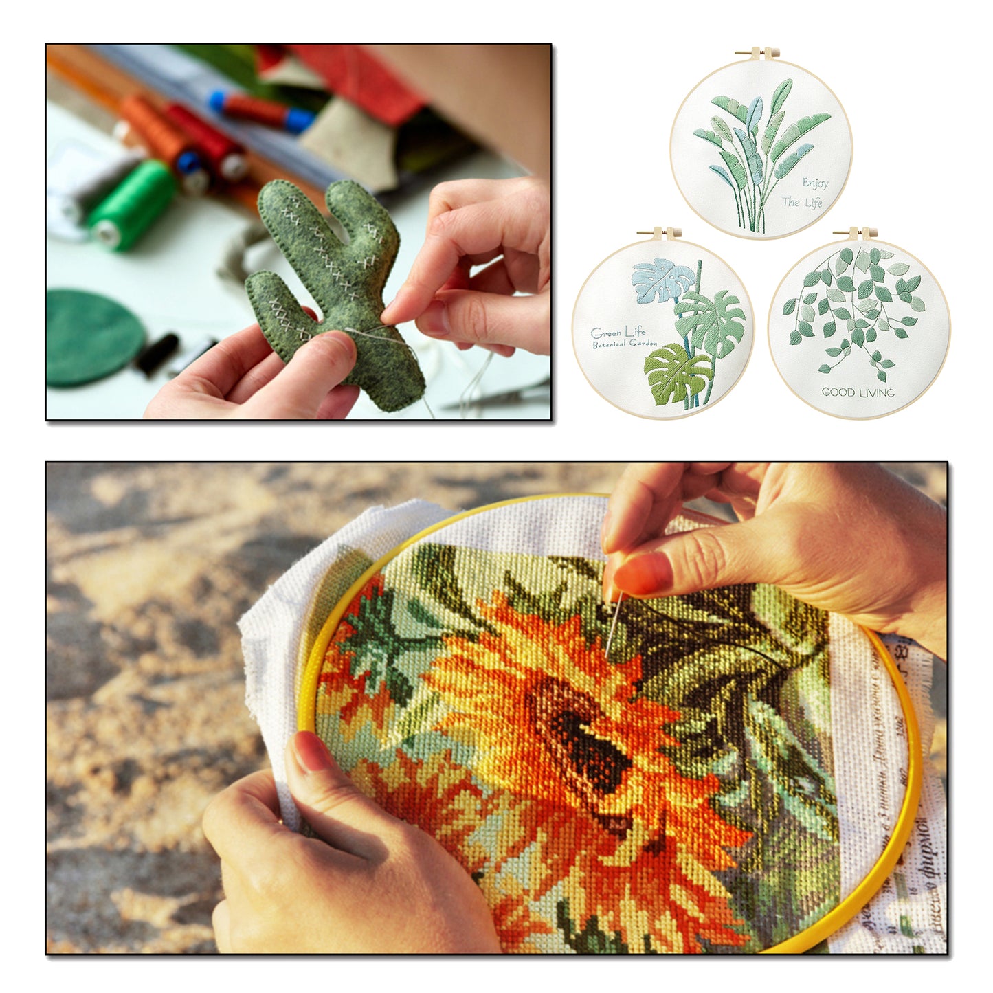 3PCS Green Plants - DIY Embroidery Cross Stitch Kit with Pattern Cotton Threads Needles Hoop 30x30CM/11.81x11.81in
