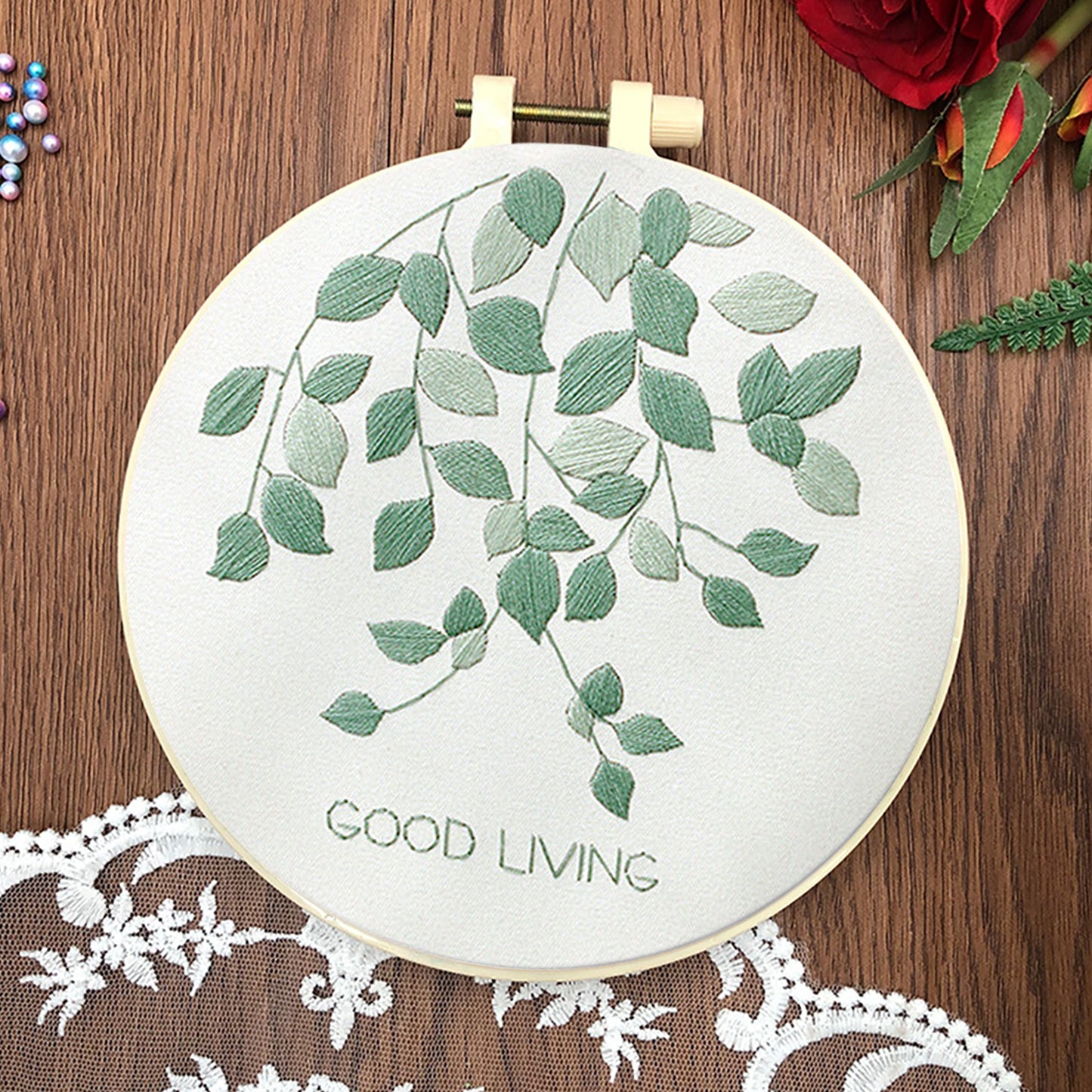 3PCS Green Plants - DIY Embroidery Cross Stitch Kit with Pattern Cotton Threads Needles Hoop 30x30CM/11.81x11.81in