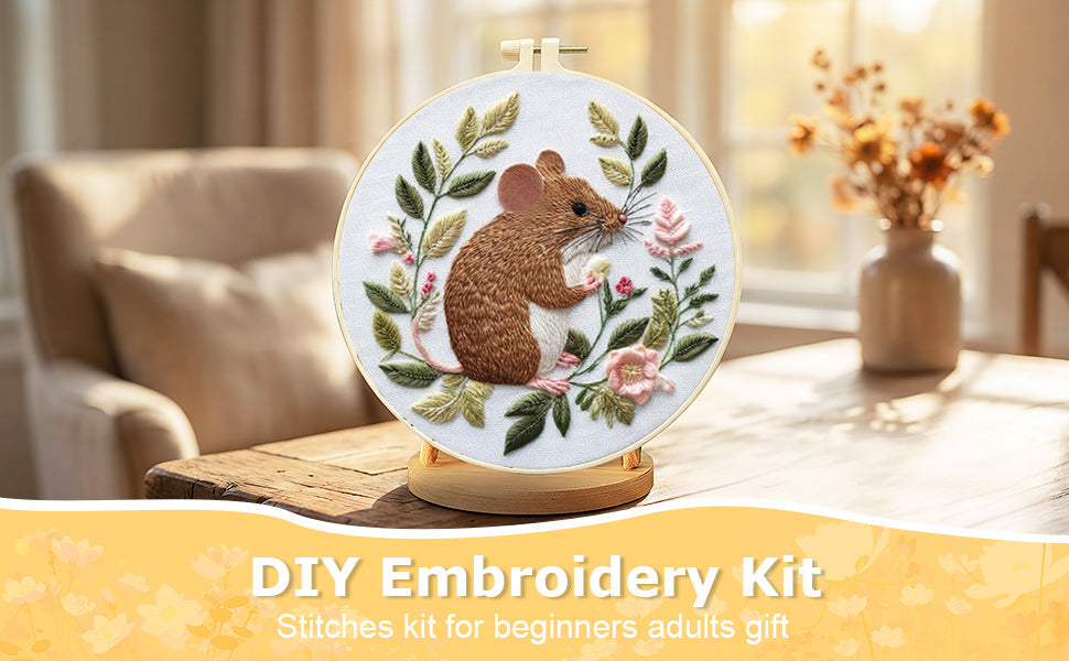 Mouse - DIY Embroidery Cross Stitch Kit with Pattern Cotton Threads Needles Hoop 30x30CM/11.81x11.81in